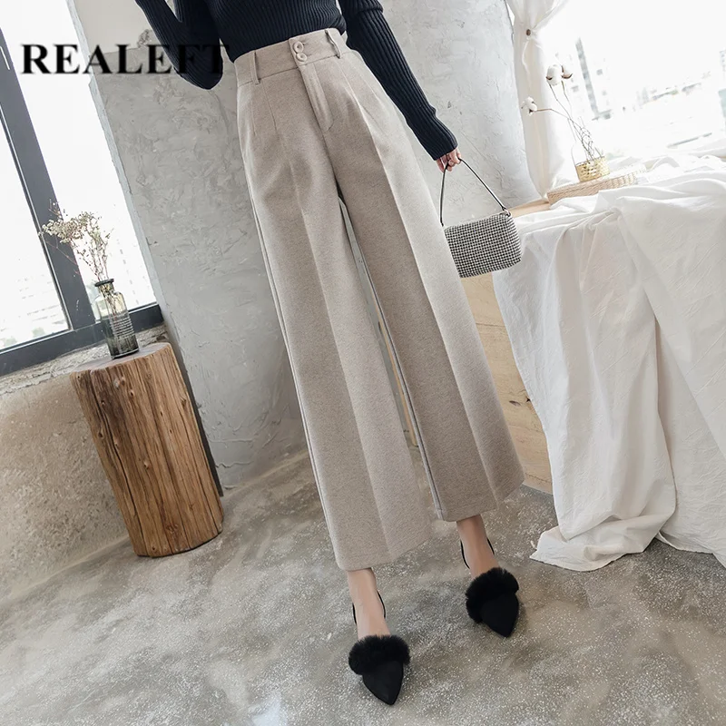 REALEFT Осень Зима теплые OL стильные шерстяные широкие брюки с высокой талией свободные брюки женские рабочие брюки винтажные брюки