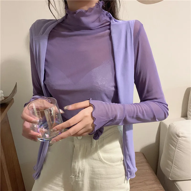 TingYiLi High Neck Sheer Mesh Top Women Long Sleeve Turtleneck T-shirt Korean Sexy See Through Black White Pink Purple Shirt tee shirts