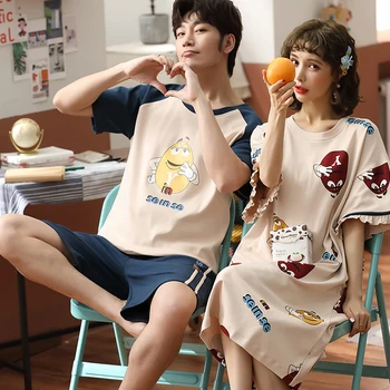 

BZEL Cartoon Couple Pijamas Lotus Leaf Sleeve Nightgown Men Loungewear Loose Style Pyjamas Sets Chocolate Bean Pattern Sleepwear