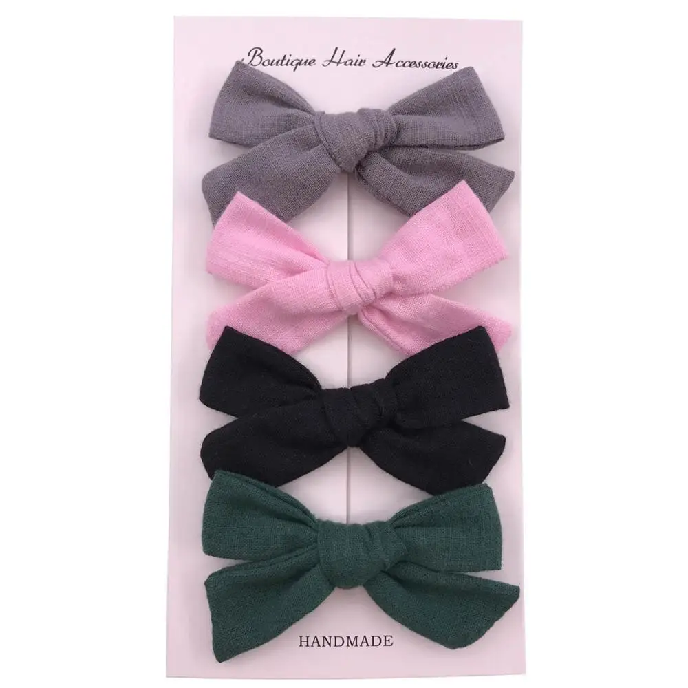 Set 2 with Clip 4 шт./партия, 3 дюйма, из хлопка и льна школьница лук заколки для волос или нейлоновая повязка на голову, с цветочным принтом, Handtied лук защищенный зажим «крокодил» для малышей, подарок новорожденному - Цвет: Set 2 with Clip