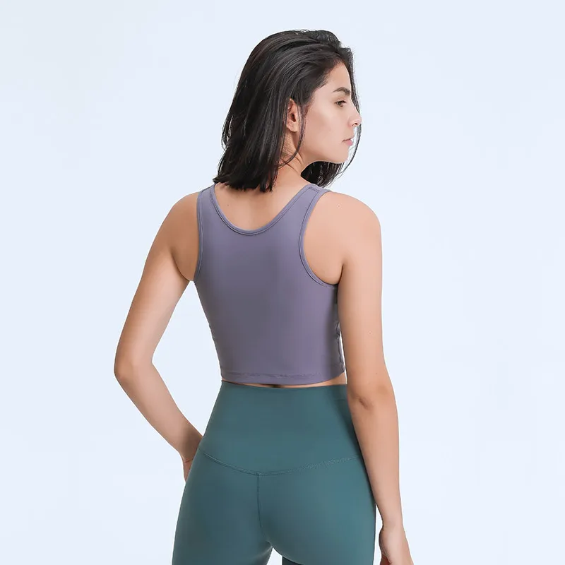 

2021 New Short Yoga Vest With Padded Sport Crop Top Women Push-up Fitness Gym High Impact Vest-type Bra U-neck Elastic Tank Top