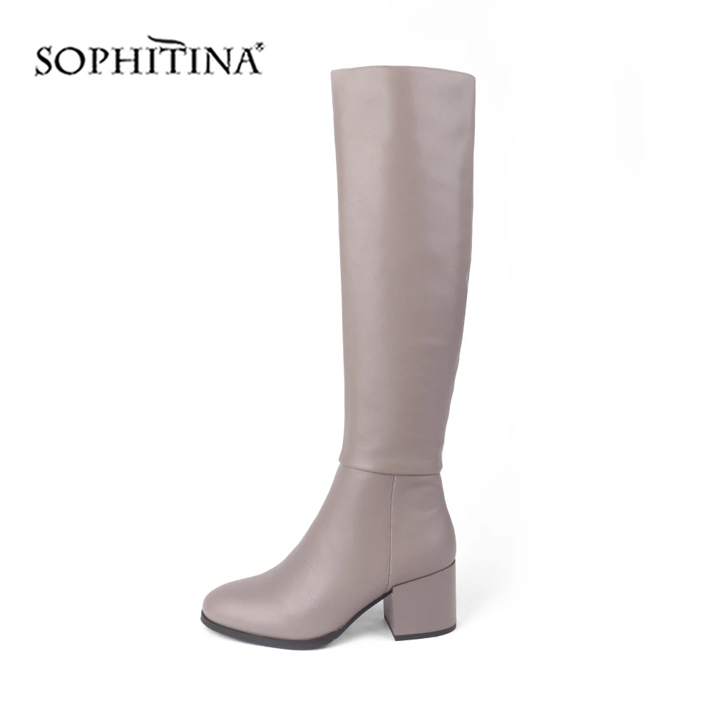 SOPHITINA Round Toe Boots Fashion Solid High Quality Genuine Leather Square Heel Comfortable Shoes New Women's Boots PC203