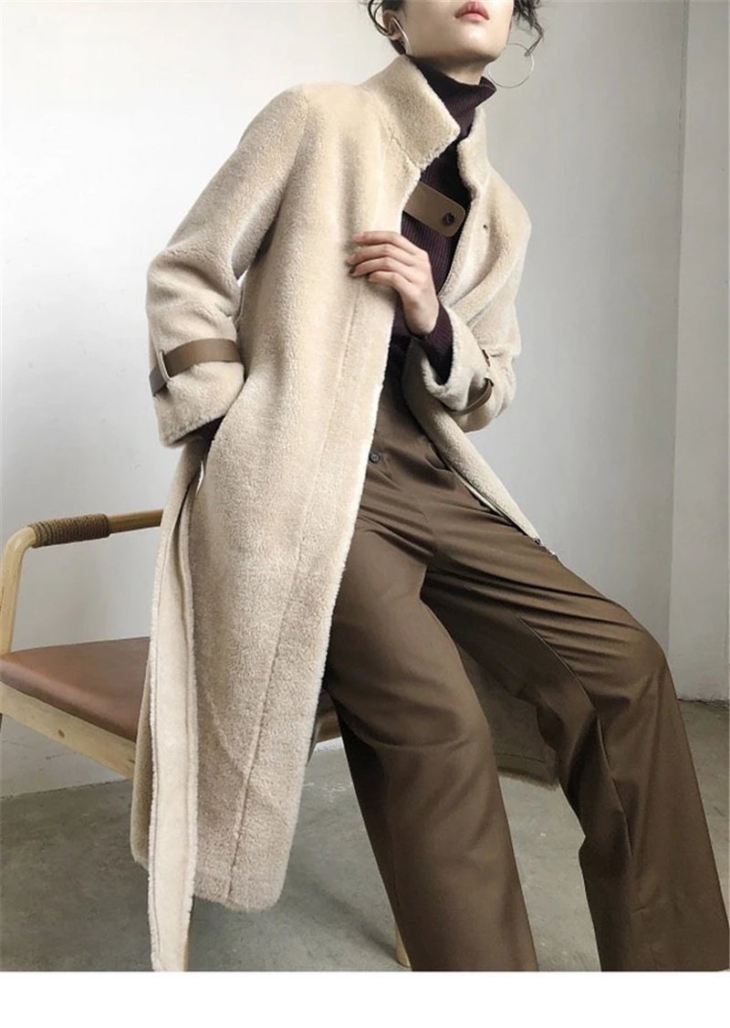 Длинное пальто из натурального овечьего меха, женская зимняя теплая куртка из натурального овечьего меха, Женское пальто из шерсти