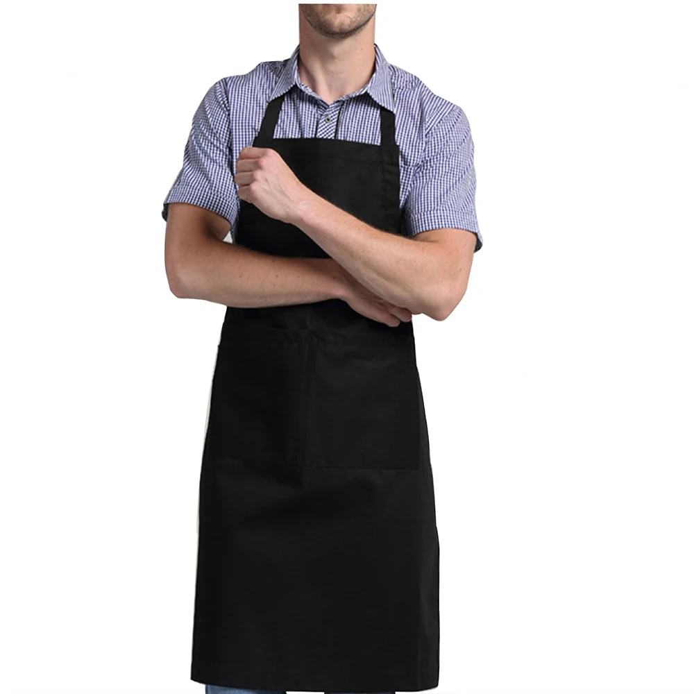 Kitchen Bib Cooking Apron 70*75cm Black Apron For Woman Men Chef Waiter Cafe Shop Adult Apron with Two Pocket For BBQ Baking