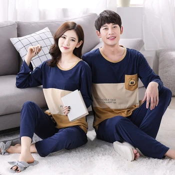 

Couples Casual Cotton Pajama Sets For Women 2020 New Autumn Long Sleeve O-neck Pyjama Sleepwear Men Loungewear Homewear Clothing