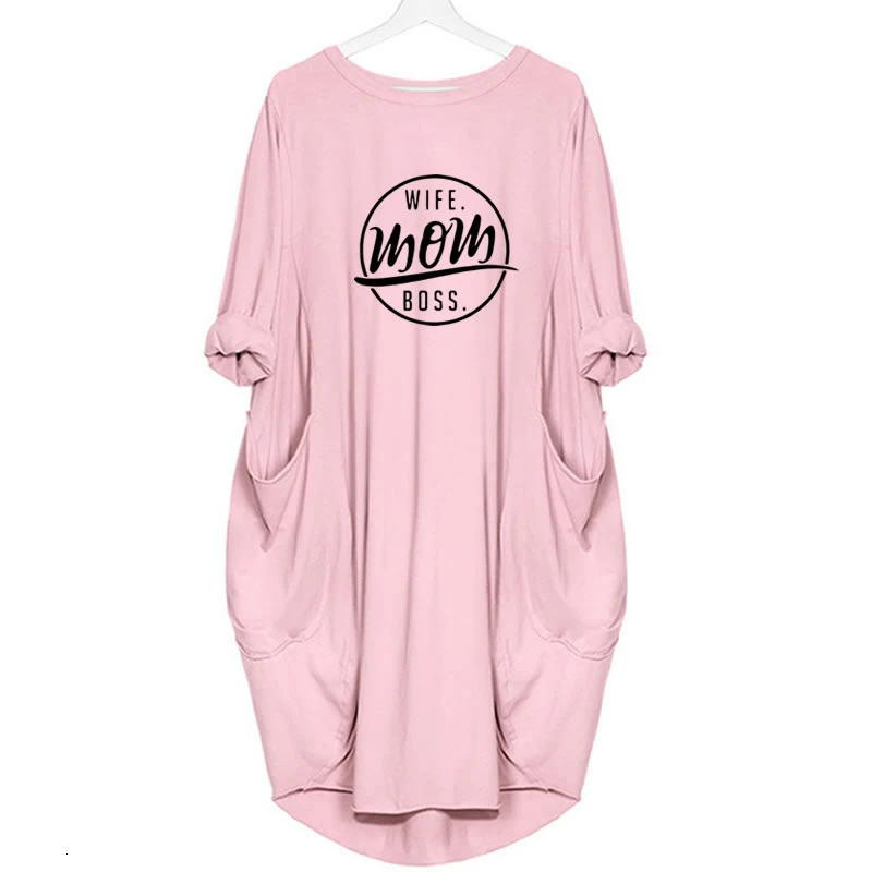 Pink Новая модная женская футболка с буквенным принтом для жены, мамы, босса, с карманом размера плюс, Harajuku, женская футболка, Летний милый забавный топ с открытыми плечами - Цвет: Pink