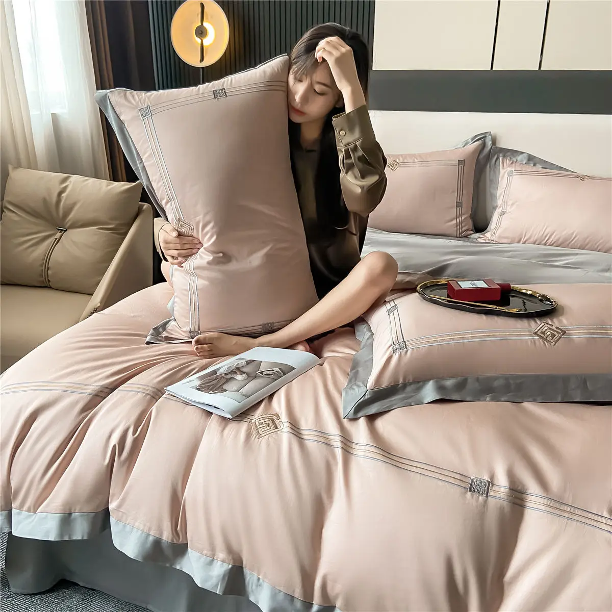 OLOEY Bedding set Egyptian cotton 100S Phnom Penh duvet cover flat sheet pillowcases Soft bed sets Embroidery