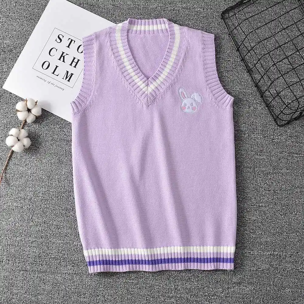 Японский свитер JK жилет сплошной цвет милый пуловер для косплея девочек школьный жилет кролик милый маленький зверь Фиолетовый Синий Розовый - Цвет: purple vest