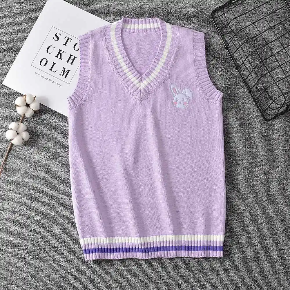 purple vest Японский свитер JK жилет сплошной цвет милый пуловер для косплея девочек школьный жилет кролик милый маленький зверь Фиолетовый Синий Розовый - Цвет: purple vest