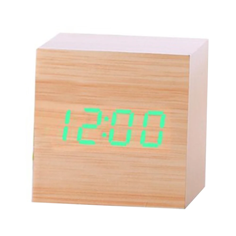 Многоцветный звуковой контроль деревянный квадратный светодиодный Будильник Настольный цифровой термометр дерево USB/AAA отображение даты BTZ1
