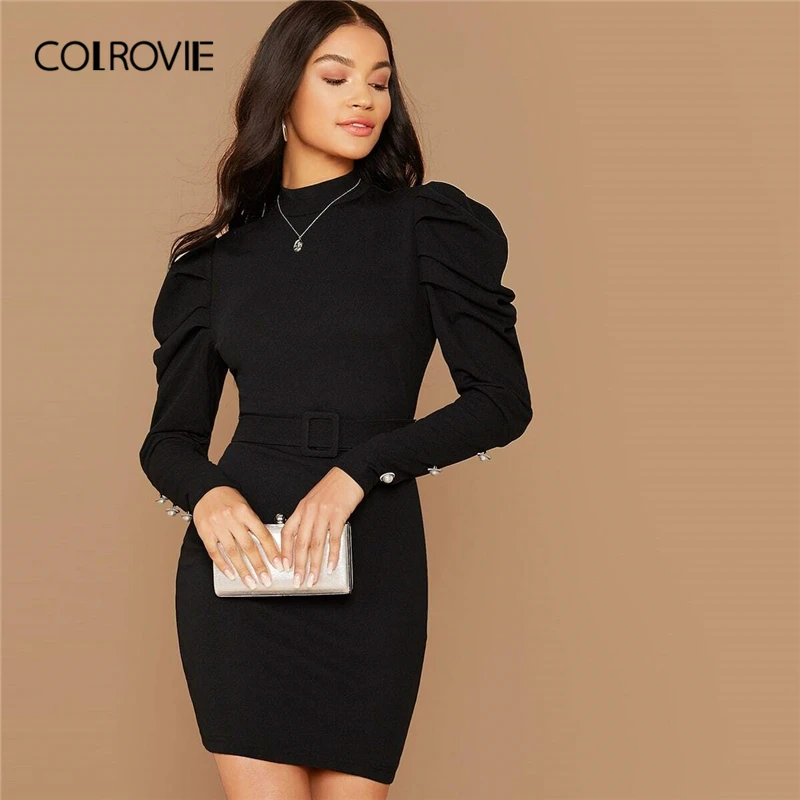 COLROVIE, черное облегающее платье на пуговицах с рукавом Gigot и поясом, женское мини платье-карандаш со стоячим воротником, осень, приталенные платья с высокой талией
