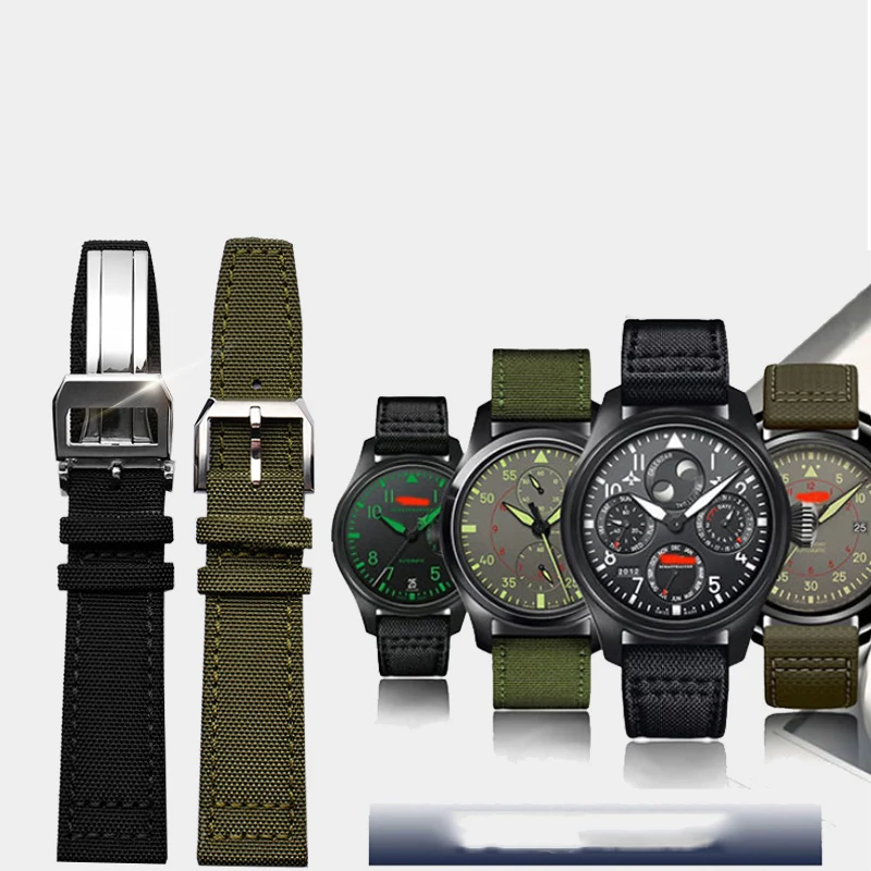 Green and Black Nylon Leather Watch Band Strap with Silver Pin Buckle - High Quality