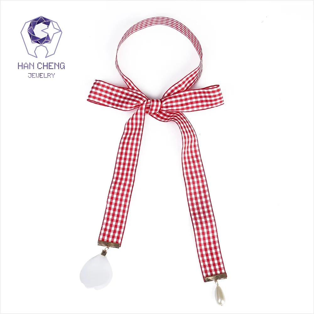 

HanCheng New Fashion Cloth Tie Petal Pearl Pendant Plaid Ribbon Choker Necklace Women Necklaces Knitting collar jewelry bijoux