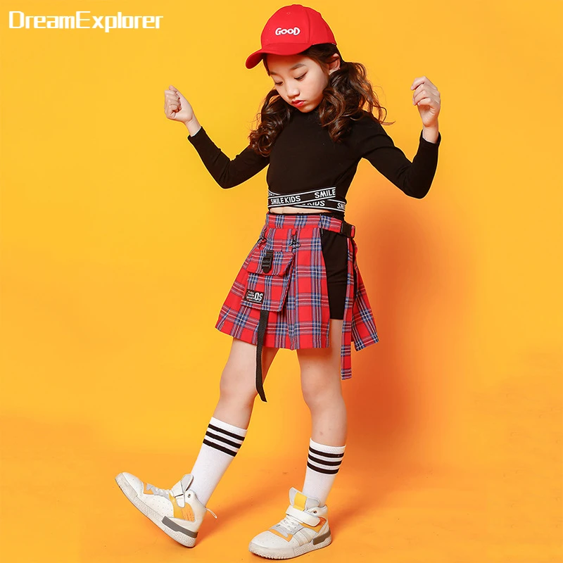 2 Pcs Sets Girls Crop Top Tartan Mini Skirt Jazz Plaid Culottes Hip Hop Child Clothes Pantskirt Kids Sweatshirt Street Dance baby clothing sets girl