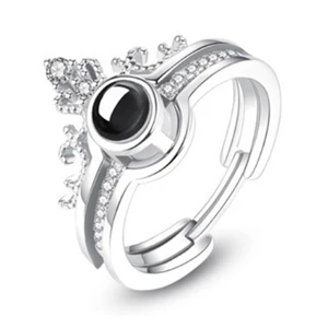 2шт I love you на 100 языках комбинированные Регулируемые кольца 925 серебро Золотая Корона винтажное серебрянное кольцо Женские Лучшие подарки - Цвет основного камня: Sliver Combo 2 In 1