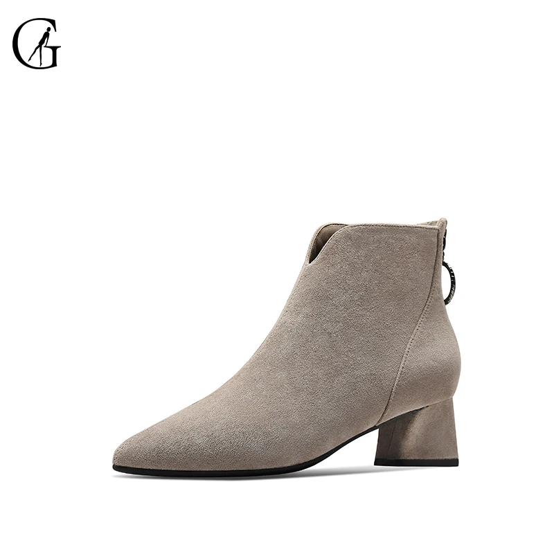 

GOXEOU Women's Ankle Boots Pointed Toe Chunky Heel Back Zipper Fashion Suede Autumn Winter Show Slim Martin Booties Size 34-40