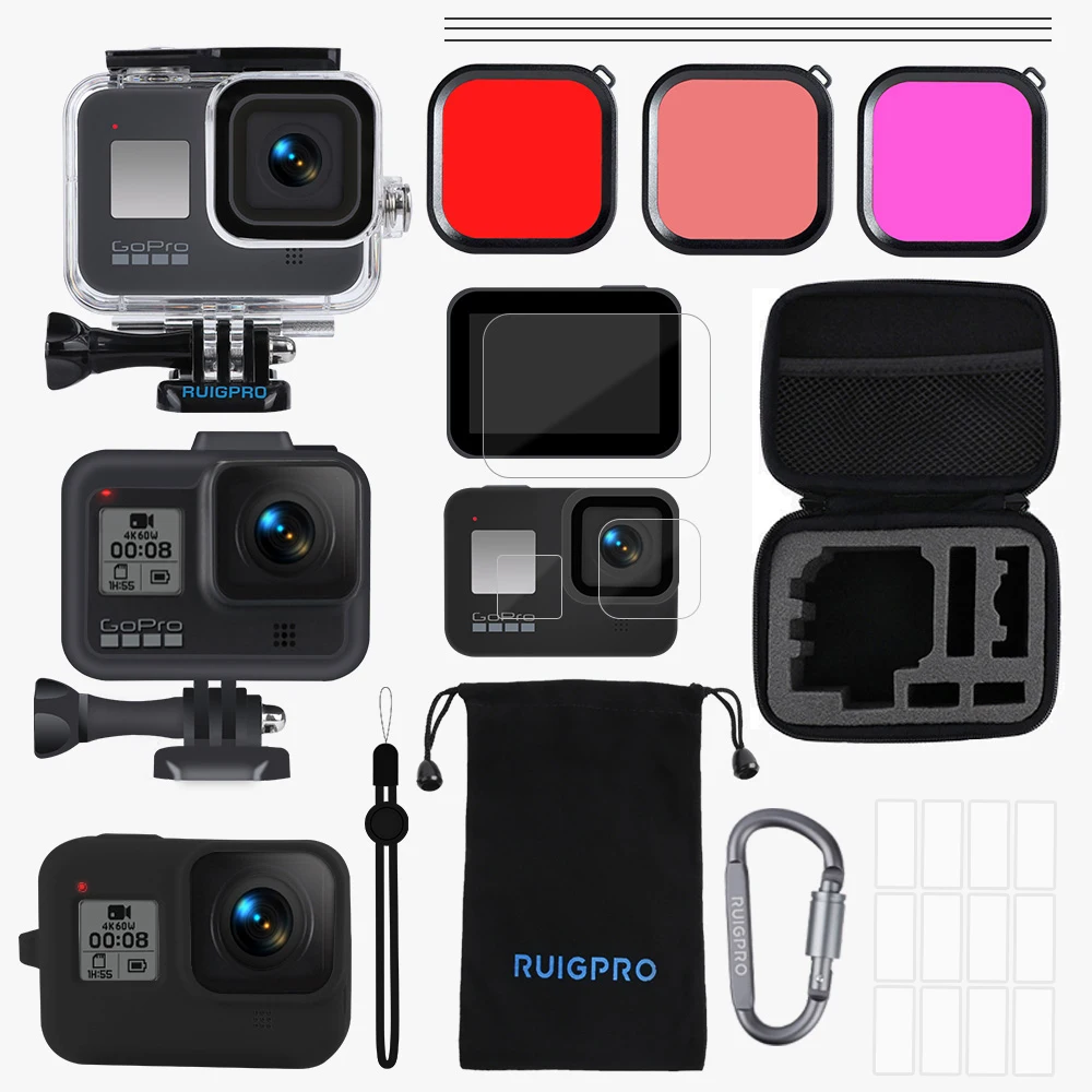 for Gopro Accessories Set go pro hero 8 kit EVA case Tempered film waterproof Housing case red filter Frame silicone Protector - Цвет: SET4