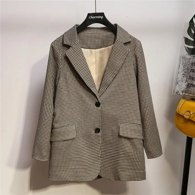 

XL-5XL Autumn Plus size Vintage Plaid Blazer Office Lady Single Breasted Houndstooth Suit Coats Large Size Women Jacket Blazers