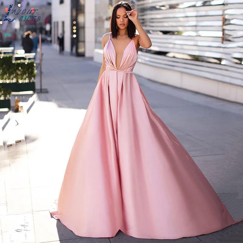 LAYOUT NICEB Pink Prom Dress Spaghetti Sexy Backless Deep V Neck Formal Party Gown vestidos de fiesta de noche Vintage Evening