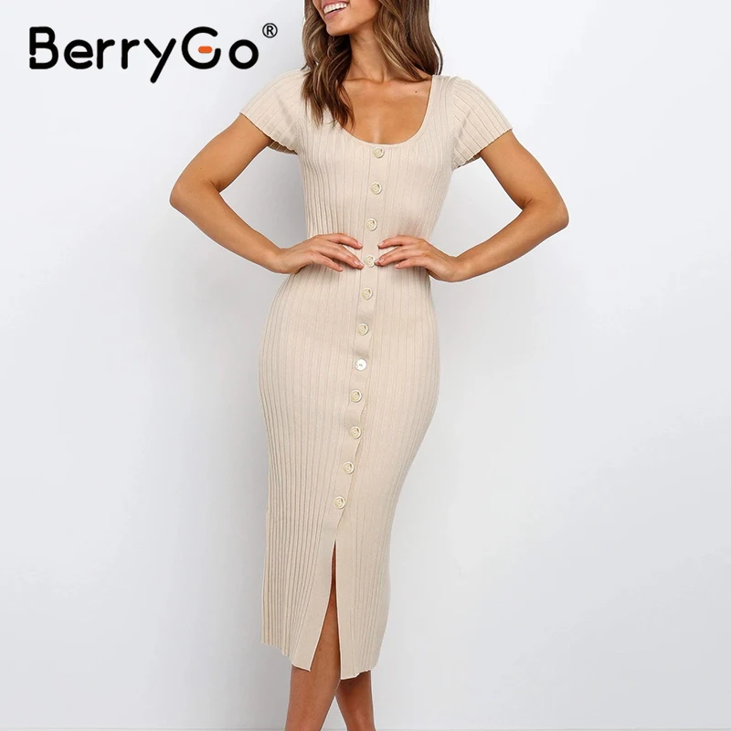

BerryGo Buttons knitted sexy bodycon dress women Casual short sleeve spring dress Elegant work wear night club office dress 2020