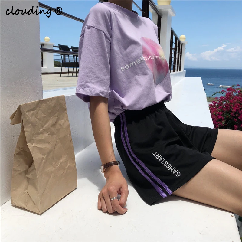 

Korea Style Women's Summer Loose Shorts Black Sports Causal Hiphop High Waist Shorts Letter Print Side Strip Harajuku Shorts