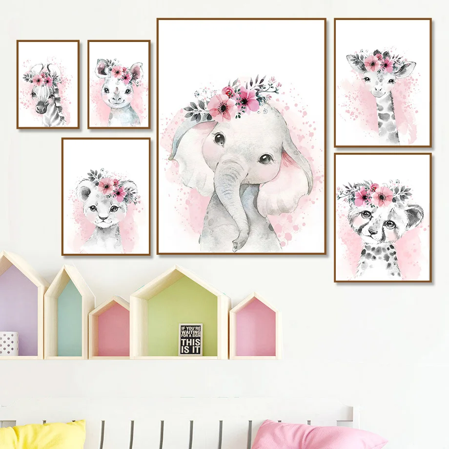 

Nursery Wall Art Posters Print Watercolor Flower Canvas Painting Zebra Elephant Lion Giraffe Decoration Baby Girl Room Pictures