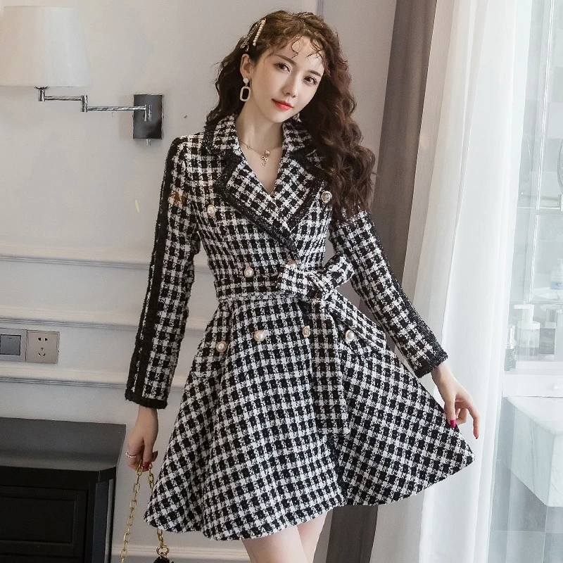 

HAMALIEL 2020 Spring Women Plaid Tweed Ball Gown Dress High Quality Woolen Double-Breasted Tassel Thicked Notched Belt Dress