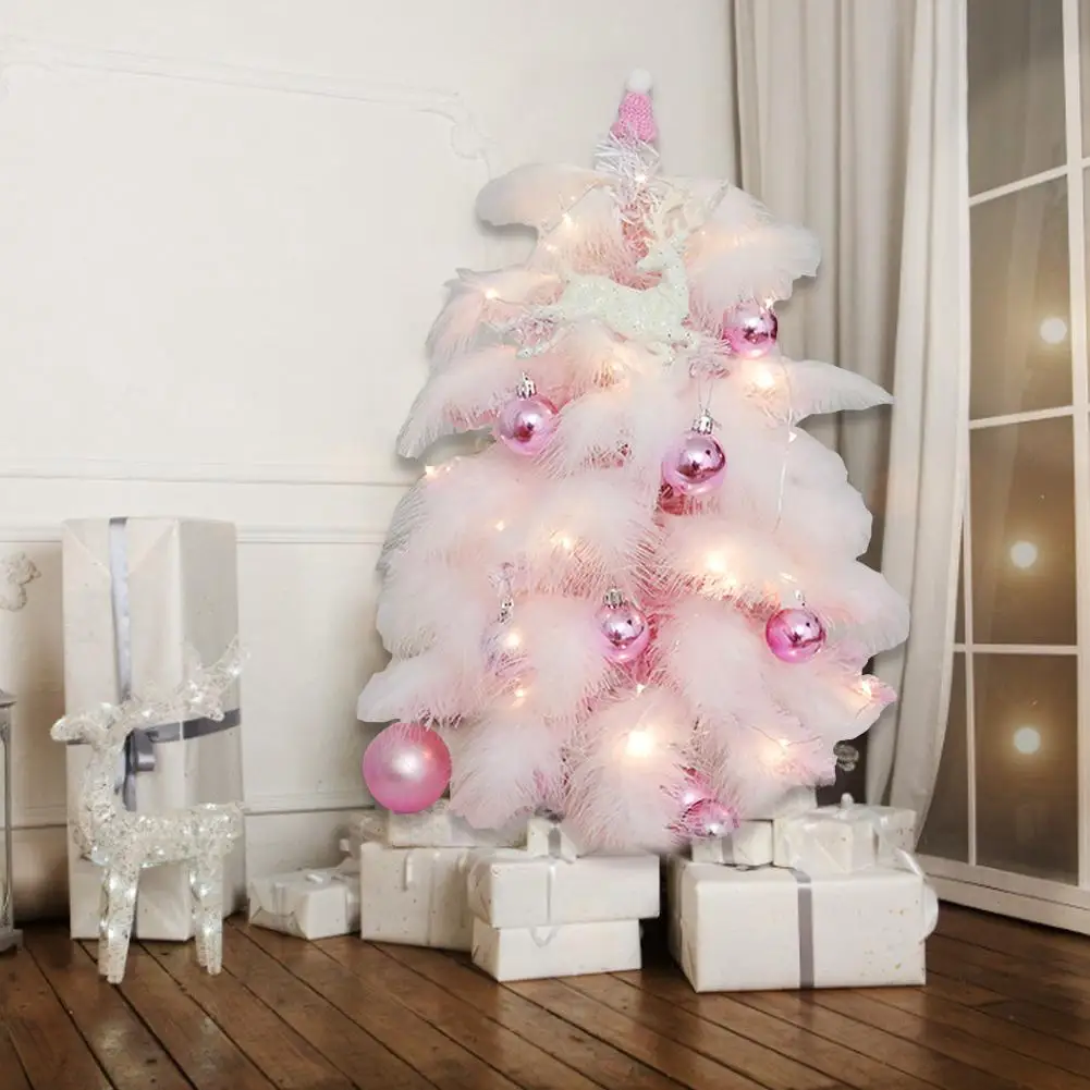 

45cm Pink Christmas Tree Set LED Light String Decoration Pink Feather Xmas Tree Ornament Christmas Halloween Parties Decoration