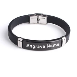 Custom Engrave Name Inscription logo Black Smooth Silicone Bracelet Women Stainless Steel bracelets for men jewelry