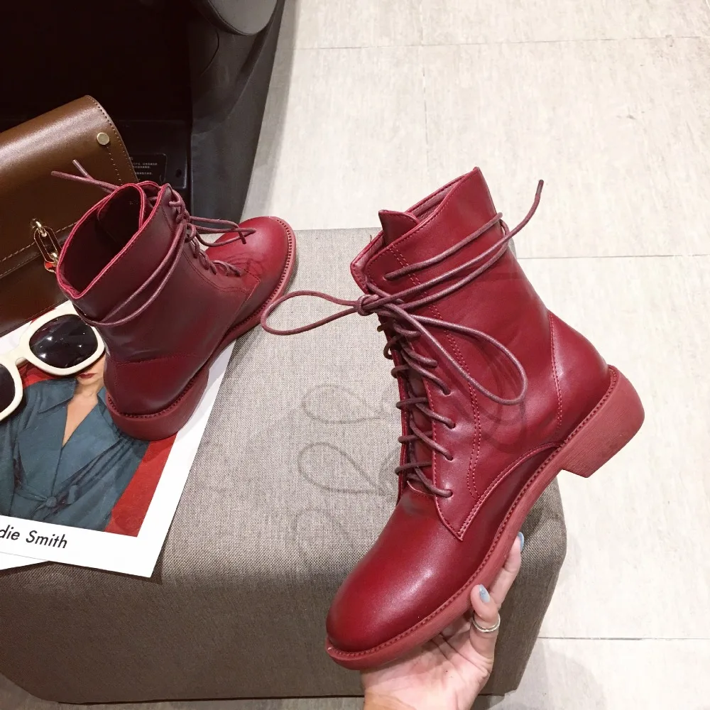Flat Heel Round Toe Lady Boots Women Shoes Autumn Luxury Designer Winter Footwear Boots-women Lace Up Low Heels booties Ladies
