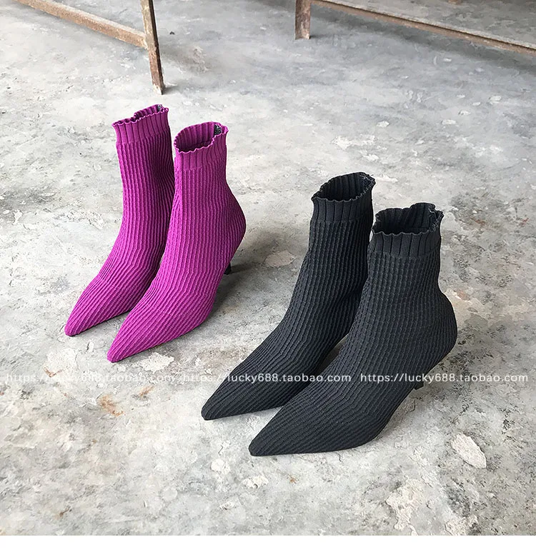 Носки Botines mujer г. Эластичные шерстяные вязаные сапоги на среднем каблуке женские зимние ботинки челси на шпильке фиолетовые ботинки