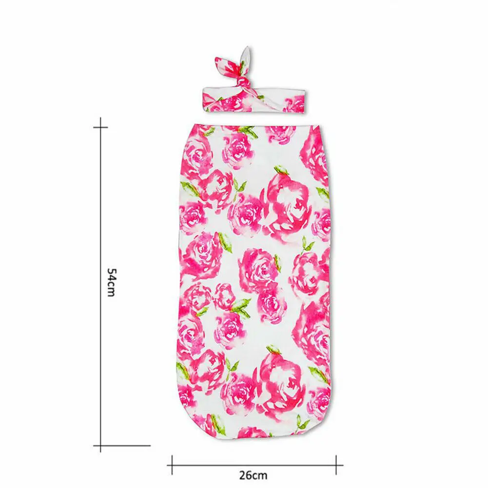 2Pcs Newborn Baby Girls Boys Swaddle Blanket Flowers Print Baby Cocoon Sleeping Bag Muslin Wrap Headband