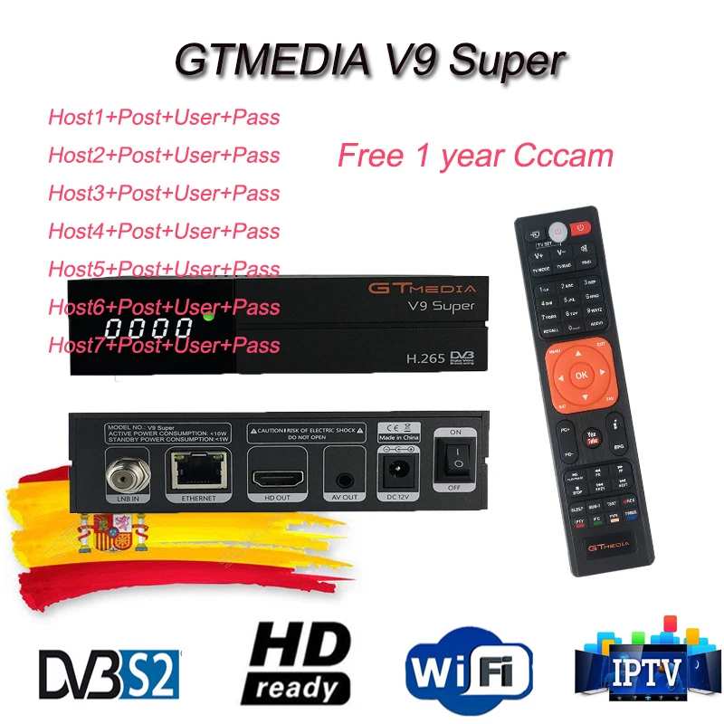 

GTMEDIA V9 Super Satellite TV Receiver DVB-S2 Complian H.265 with 1 year free Europe 7-line Spain cccam freesat v9 support netfl