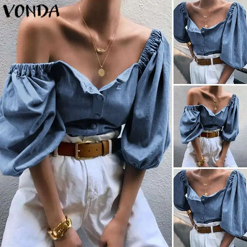 VONDA летние блузки женские богемные рубашки с коротким рукавом Женские однотонные топы с открытыми плечами и пуговицами размера плюс вечерние Блузы