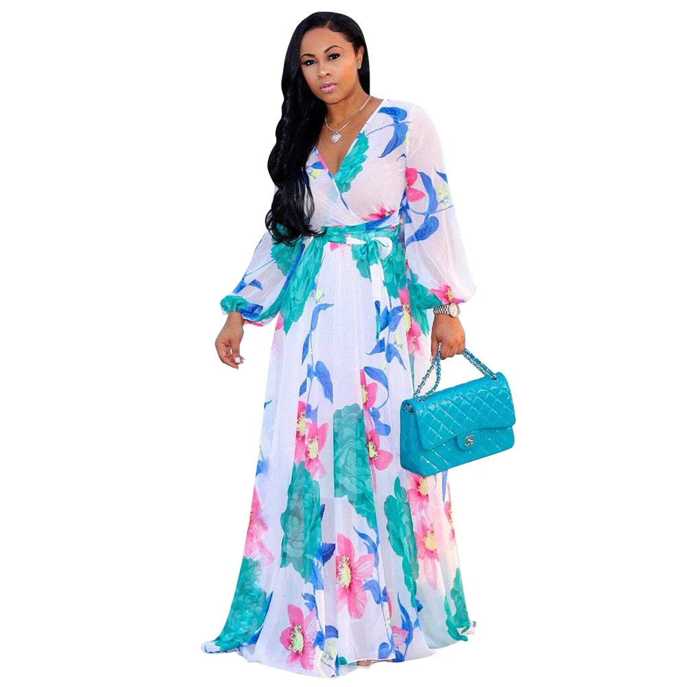 INMOTENG Boho Gedrukt Chiffon Lange Jurken V-hals Lange Mouwen Belted Avond Party Dress Losse Vintage Strand Zomer Maxi D INMOTENG Boho Gedrukt Chiffon Lange Jurken V-hals Lange Mouwen Belted Avond Party Dress Losse Vintage Strand Zomer Maxi D