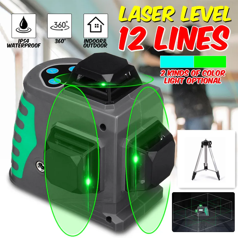 

12 Green/Blue Lines Laser Level+Tripod 3D Self-Leveling 360 Horizontal And Vertical Cross Outdoor Powerful Laser Beam Line