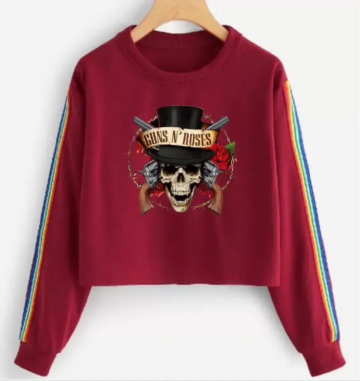 Новая модная женская футболка guns N Roses, рок-группа, хип-хоп, круглый вырез, длинный рукав, короткая женская Радужная полосатая футболка - Цвет: Красный