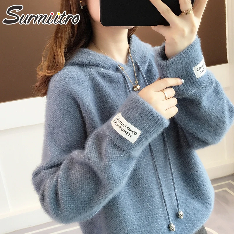 Surmiitro Mink Cashmere Knitted Hoodies Women Autumn Winter Korean Kpop Long Sleeve Hooded Sweatshirt Female Pullover Blue