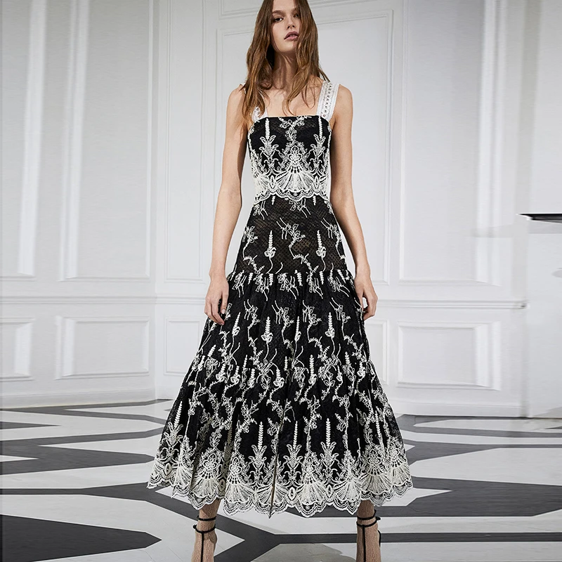 

Fashion Runway Summer Dress 2020 New Women's Spaghetti Strap Black and White Lady Floral Lace Embroidery Print Long Maxi Dress