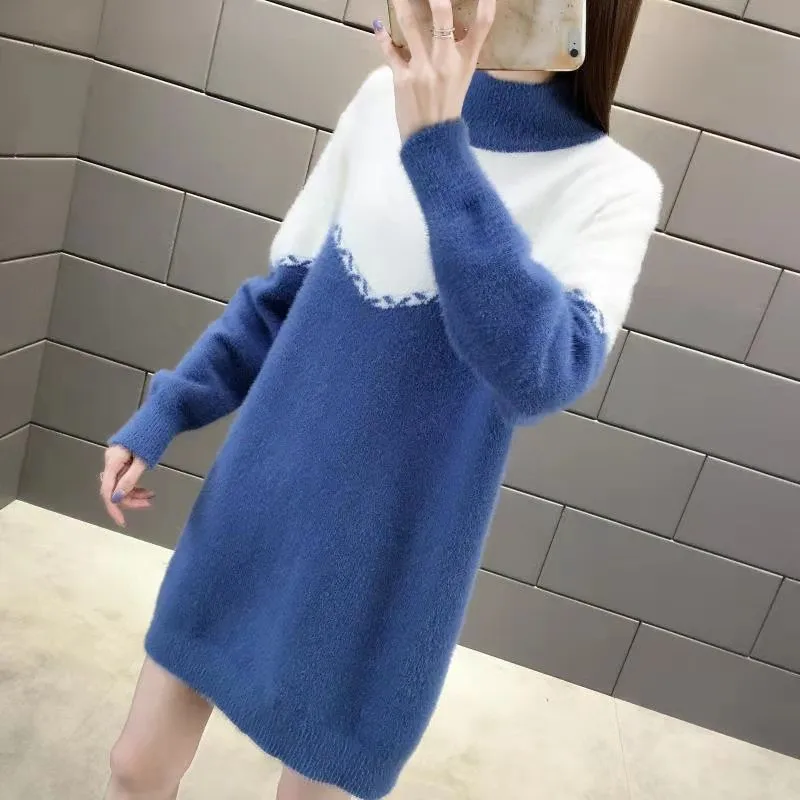 

Mixed colors Sweater Women New Fashion Imitation Mink Velvet Mid-long Knitted Autumn Winter Half Turtleneck Sweater Female Tops