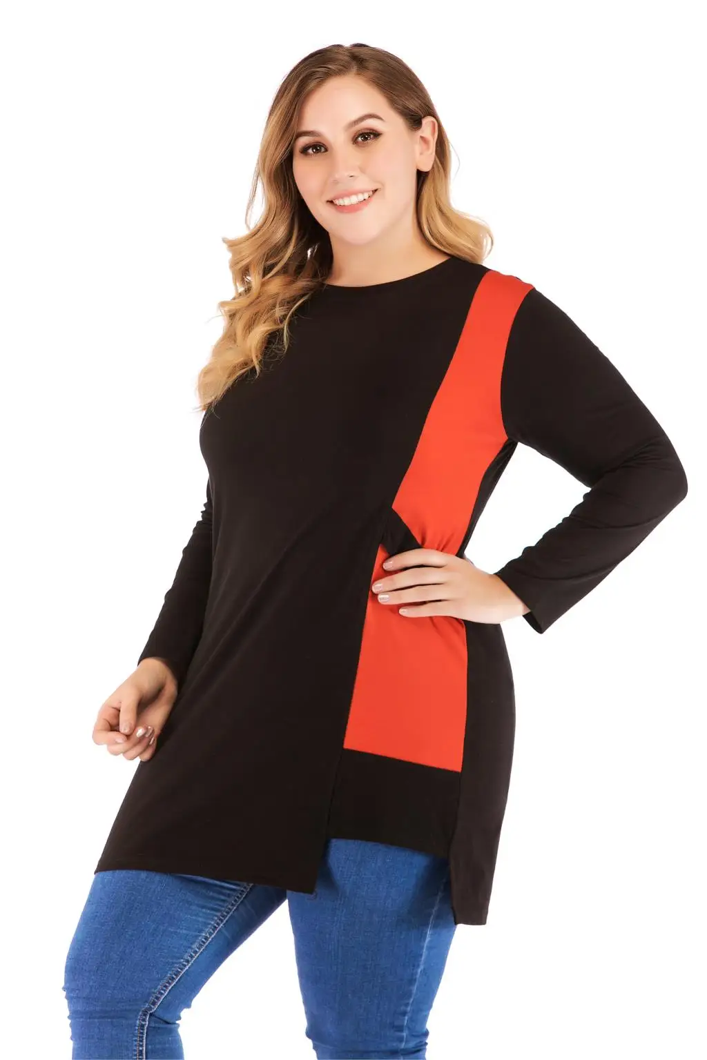 Плюс размер осень зима блузка рубашка с длинным рукавом женская элегантная контрастная цветная Лоскутная Элегантная блузка большой размер женский жакет Топ