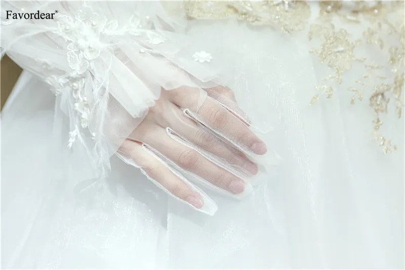 Favordear Women's Ivory Opera Length Finger Wedding Gloves Tulle Pearls Feathers Bridal Gloves Party Gloves Wedding Accessories