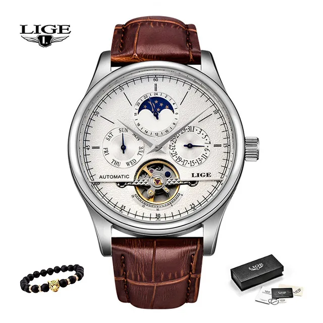 silver white LIGE, новинка, мужские часы, механические, двойной Tourbillon, Роскошные, модные, брендовые, кожа, мужские, спортивные часы, мужские, автоматические часы, Montre Homme - Цвет: silver white