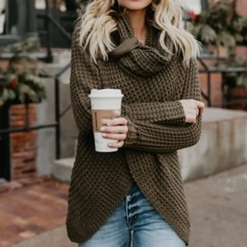 Женский зимний свитер с длинным рукавом и воротником-шарфом, однотонный теплый вязаный свитер, женский свитер с высоким воротом, топы