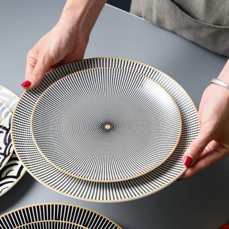 Round Plate With Gold Inlay Dish Serving Plates Dessert Tableware Geometric Pattern Dinner Service Western Kitchen Steak Tray