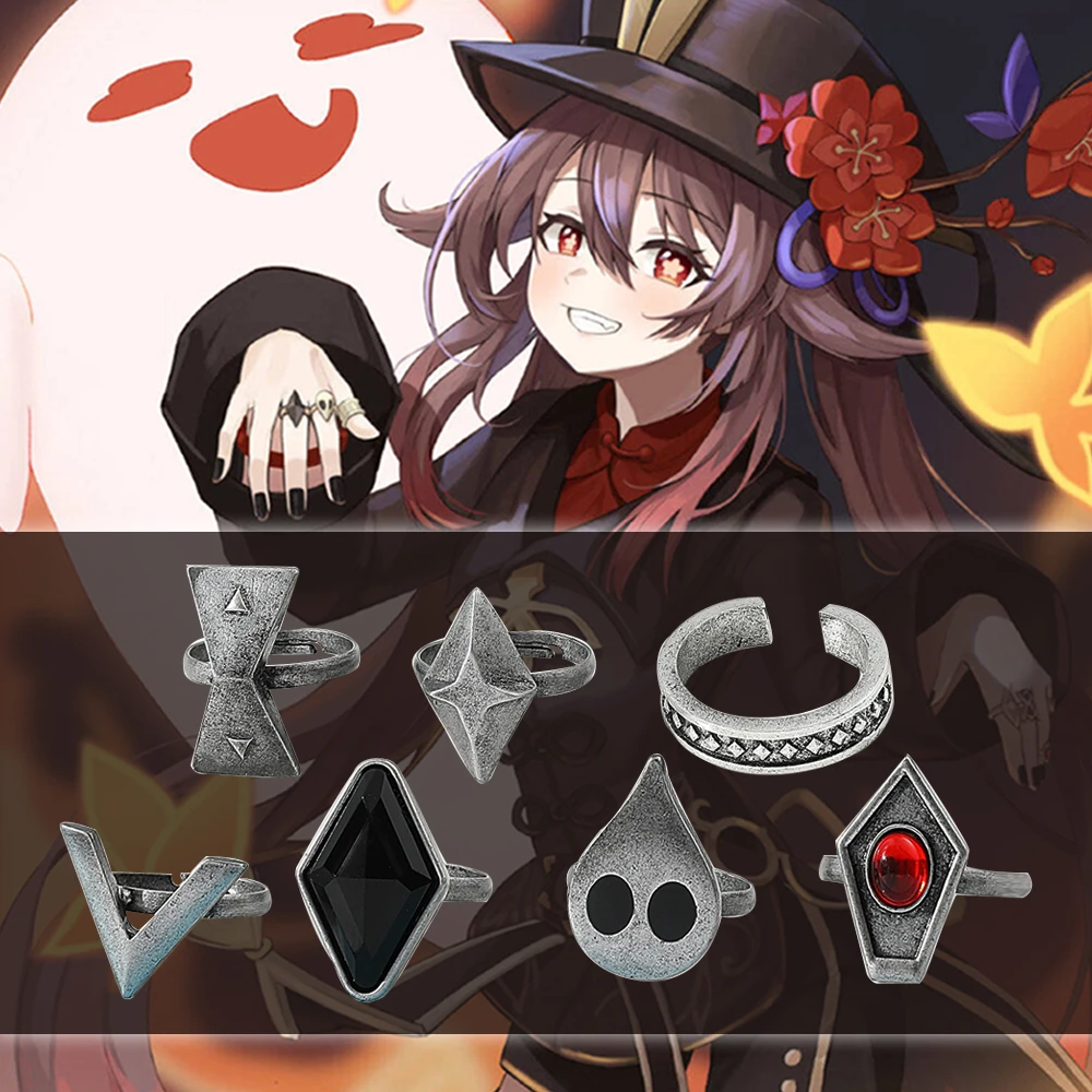 PPONE 7PCS Hu Tao Ring Set With Hu Tao Keychain,Genshin Impact Hutao