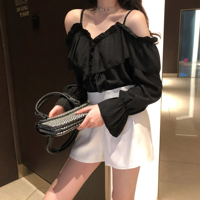 Kpop, черная, розовая, Jisoo, белая, сексуальная, v-образный вырез, слинг, блузка, женская, летняя, новая, модная, с открытыми плечами, рубашки, для девушек, длинный, с расклешенными рукавами, топы