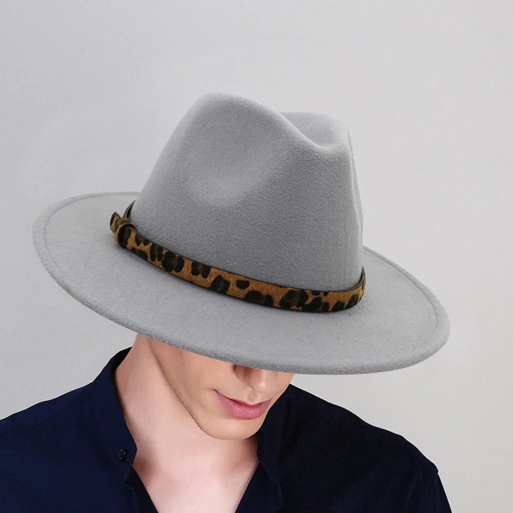 Новинка, модные шляпы, топ, джаз, шляпа, Fedoras Chapeau, для мужчин и женщин, Ретро стиль, леопард, широкая шляпа с пряжкой на ремне, регулируемые шляпы