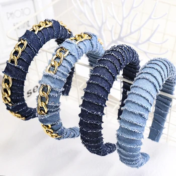 

Fashion Women Denim Fabric Hair Hoop Solid Color Chain Hairband Girl Twisted Sponge Headband Headwear Hair Accessories