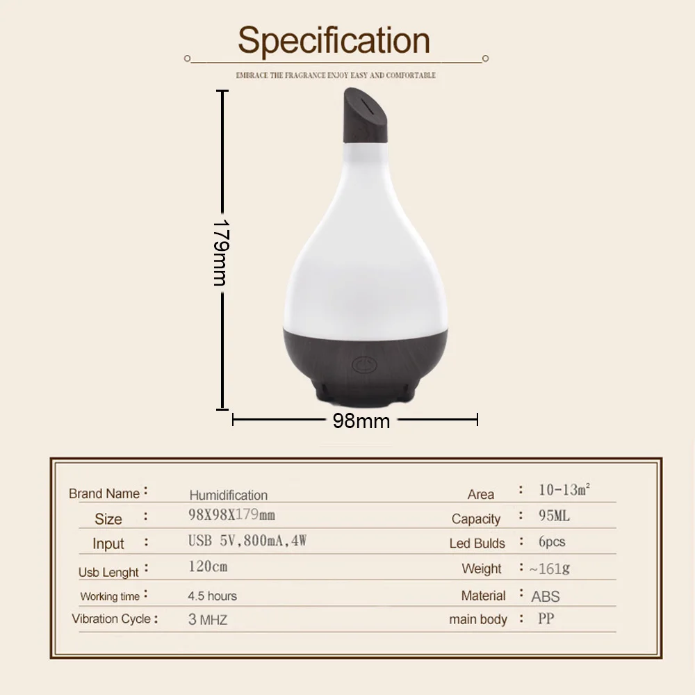 KBAYBO 95ml essential oil diffuser aromatherapy USB mini humidifier mist maker warm light ultrasonic humidifier for home office